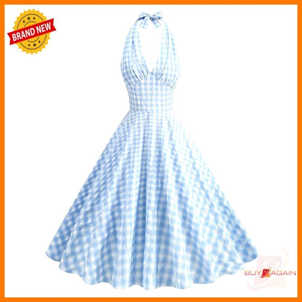 Vintage Plaid Swing Dress Retro Cocktail Party Midi Elegant Formal Wear